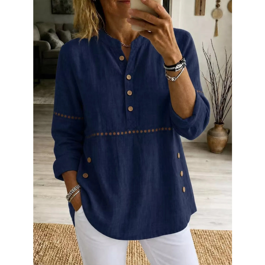 Full Size Button Detail Eyelet Long Sleeve Blouse Plus Navy Blue / S Apparel and Accessories