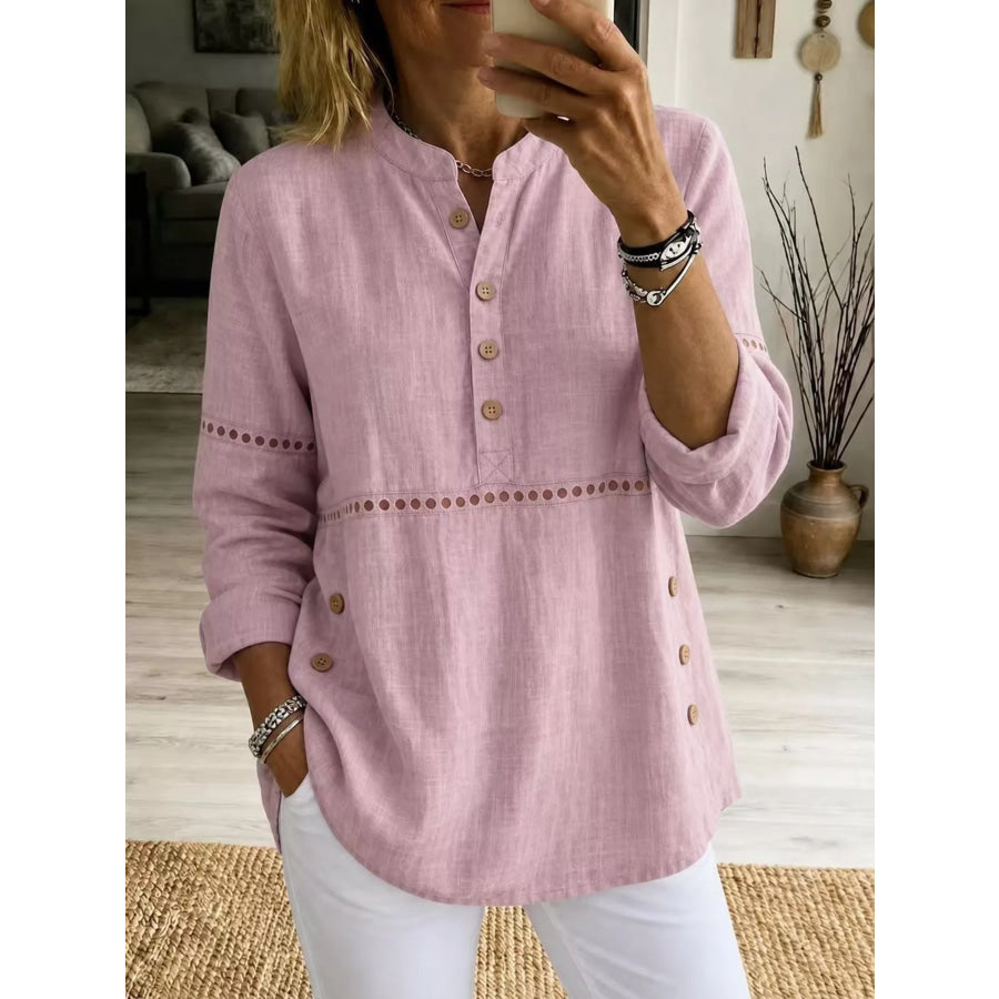 Full Size Button Detail Eyelet Long Sleeve Blouse Plus Pink / S Apparel and Accessories