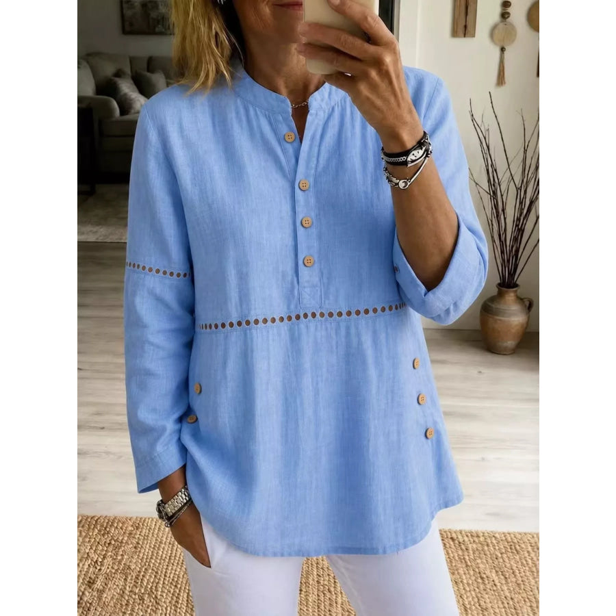 Full Size Button Detail Eyelet Long Sleeve Blouse Plus Sky Blue / S Apparel and Accessories