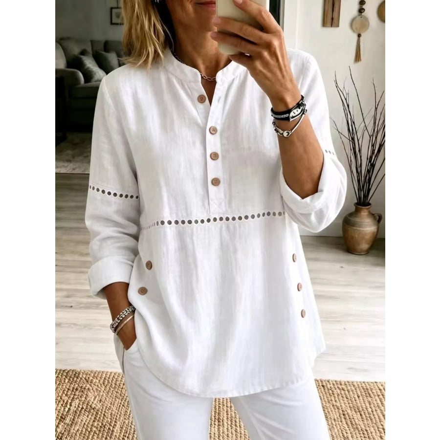 Full Size Button Detail Eyelet Long Sleeve Blouse Plus White / S Apparel and Accessories