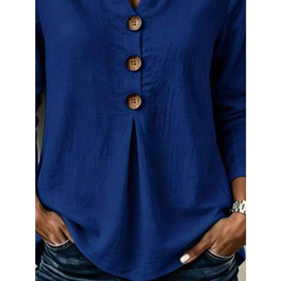 Full Size Button Detail Long Sleeve Blouse Plus Size Apparel and Accessories