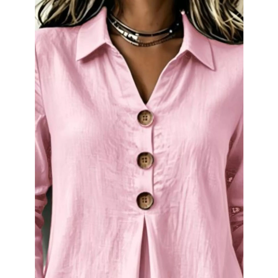 Full Size Button Detail Long Sleeve Blouse Plus Size Apparel and Accessories