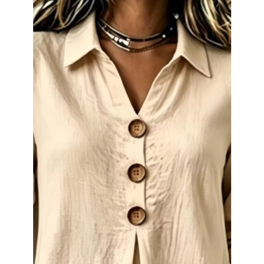 Full Size Button Detail Long Sleeve Blouse Plus Size Apparel and Accessories