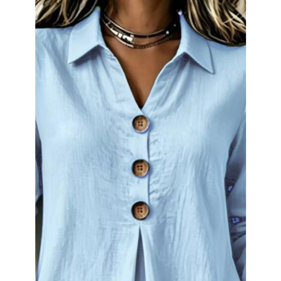 Full Size Button Detail Long Sleeve Blouse Plus Size Apparel and Accessories