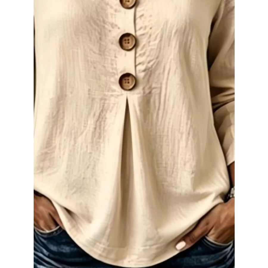Full Size Button Detail Long Sleeve Blouse Plus Size Apparel and Accessories