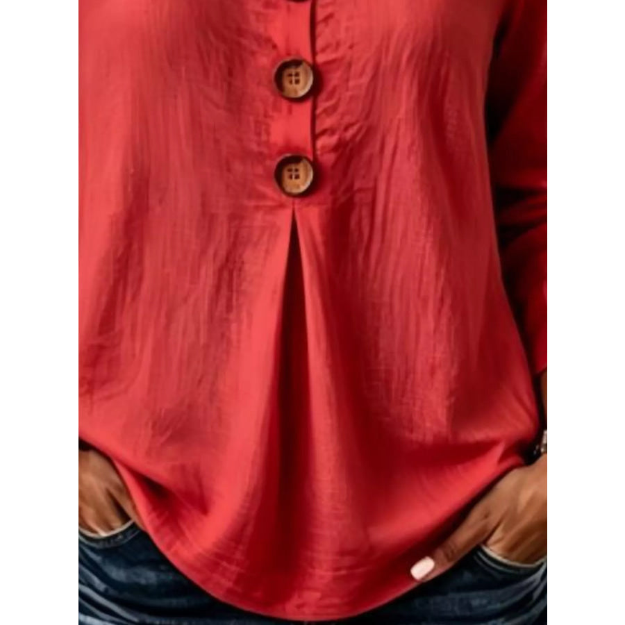 Full Size Button Detail Long Sleeve Blouse Plus Size Apparel and Accessories