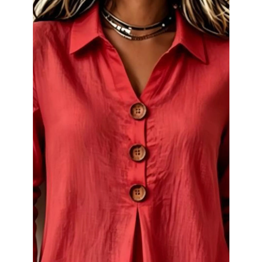 Full Size Button Detail Long Sleeve Blouse Plus Size Apparel and Accessories
