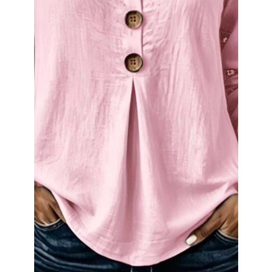 Full Size Button Detail Long Sleeve Blouse Plus Size Apparel and Accessories