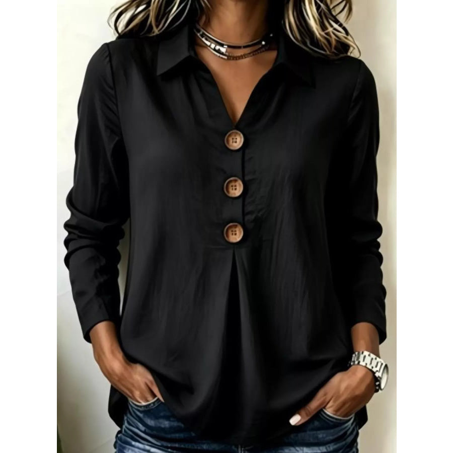 Full Size Button Detail Long Sleeve Blouse Plus Size Black / S Apparel and Accessories