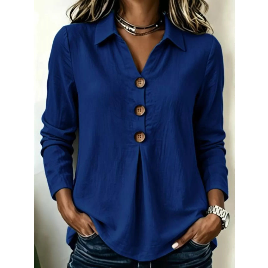 Full Size Button Detail Long Sleeve Blouse Plus Size Dark Blue / S Apparel and Accessories