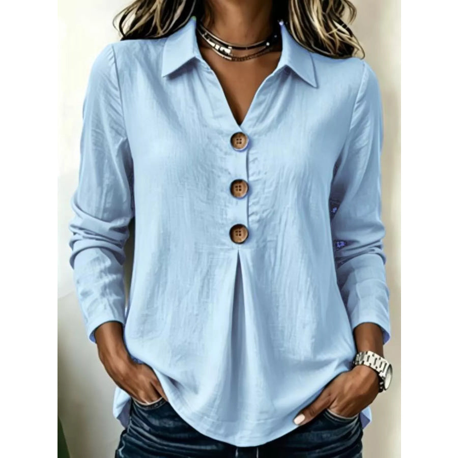 Full Size Button Detail Long Sleeve Blouse Plus Size Light Blue / S Apparel and Accessories