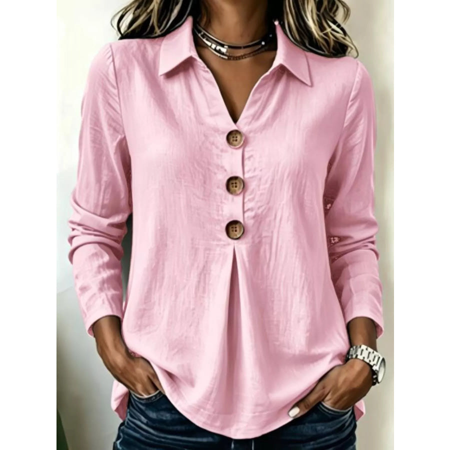 Full Size Button Detail Long Sleeve Blouse Plus Size Pink / S Apparel and Accessories