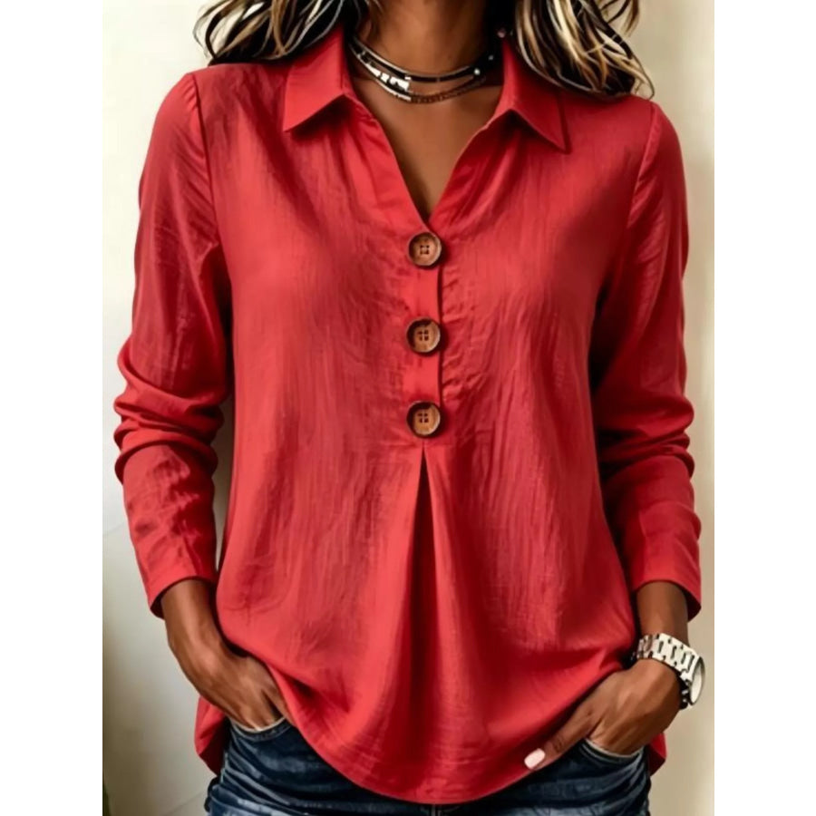 Full Size Button Detail Long Sleeve Blouse Plus Size Red / S Apparel and Accessories