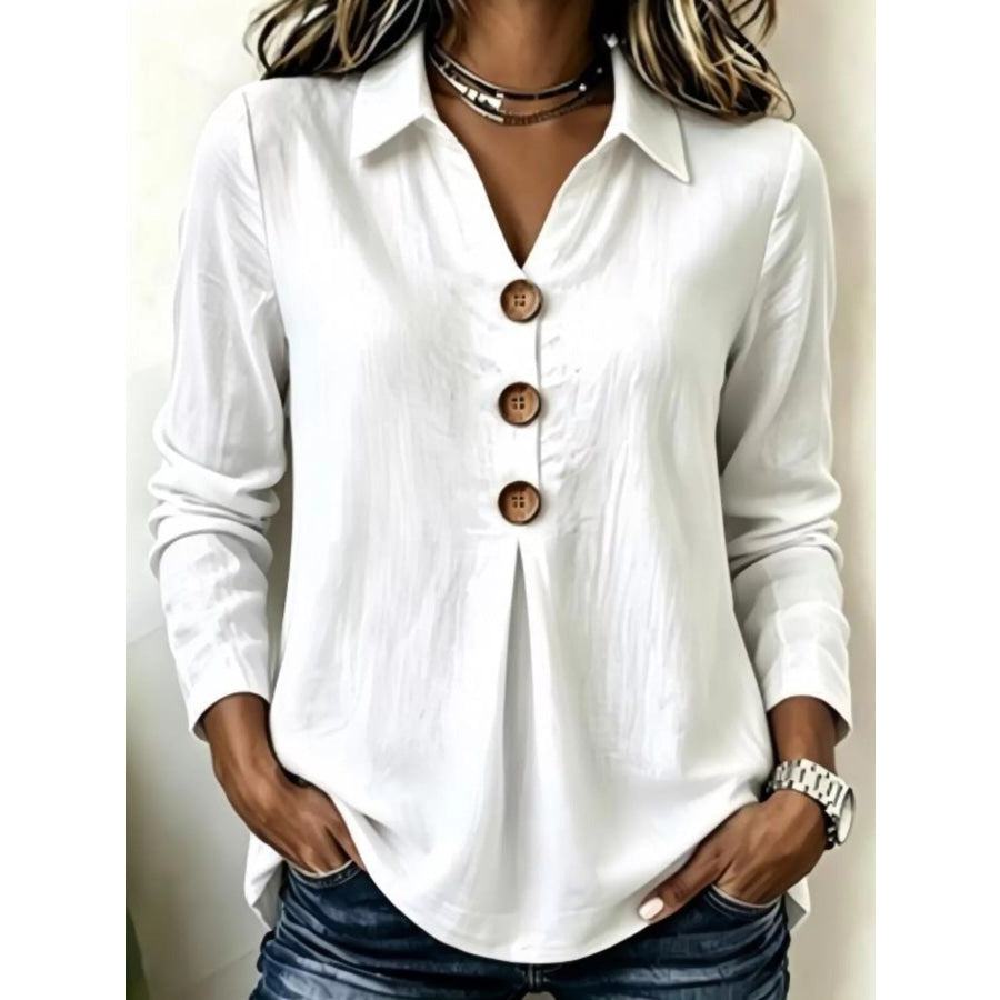 Full Size Button Detail Long Sleeve Blouse Plus Size White / S Apparel and Accessories