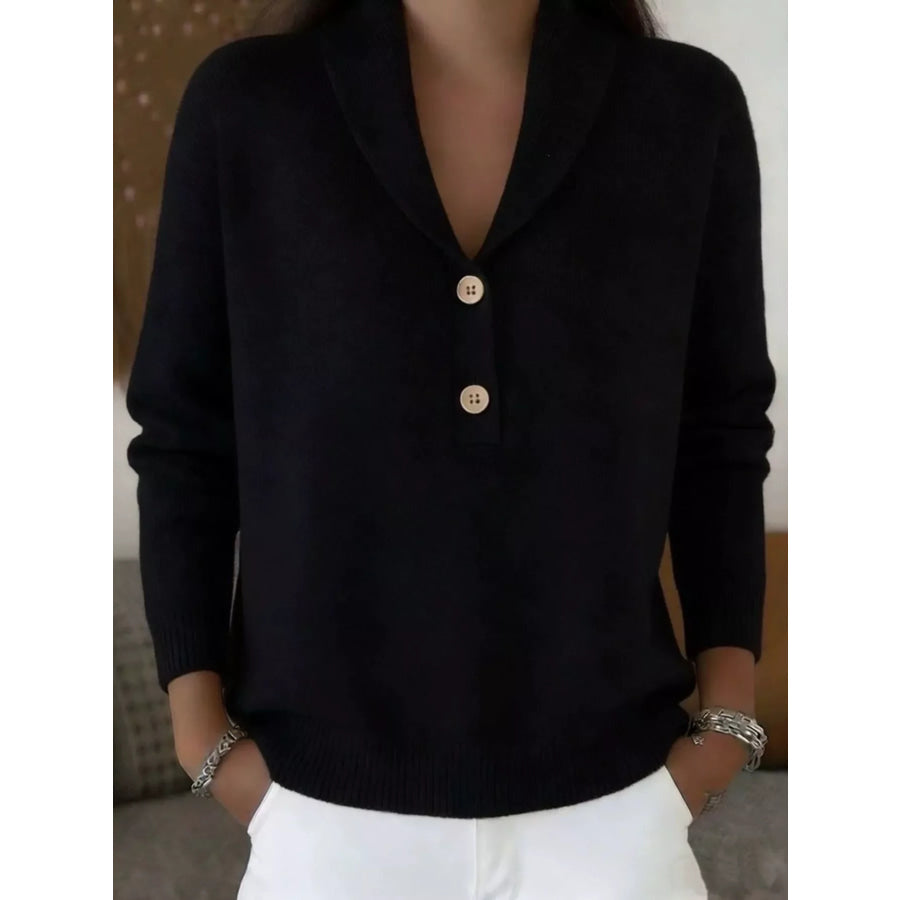 Full Size Button Detail Long Sleeve Sweater Plus Size Black / S Apparel and Accessories