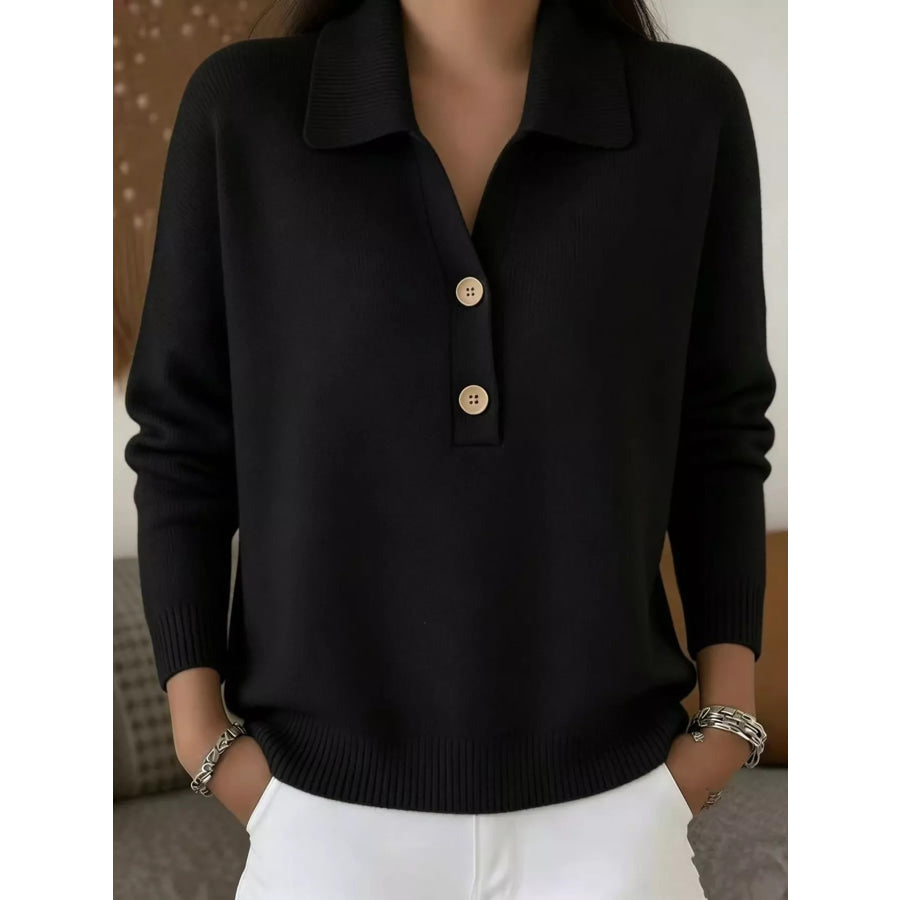 Full Size Button Detail Long Sleeve Sweater Plus Size Black / S Apparel and Accessories