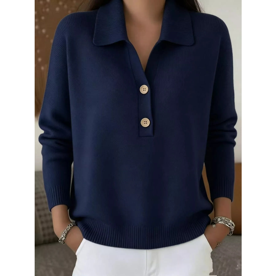 Full Size Button Detail Long Sleeve Sweater Plus Size Dark Blue / S Apparel and Accessories