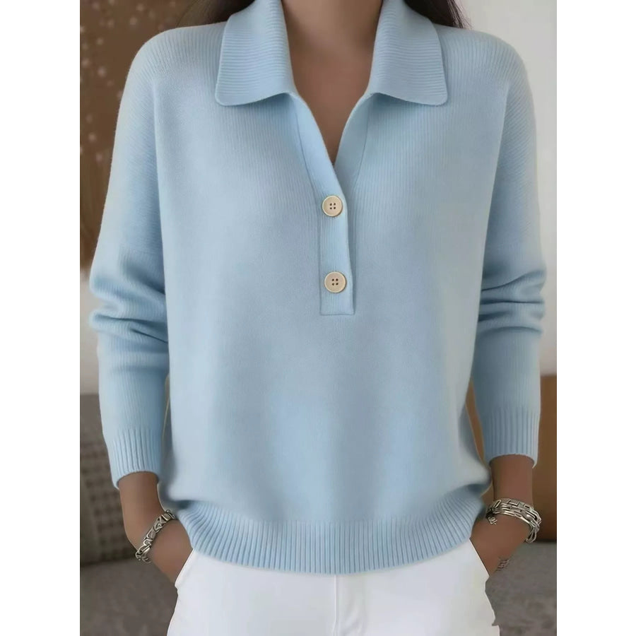 Full Size Button Detail Long Sleeve Sweater Plus Size Light Blue / S Apparel and Accessories