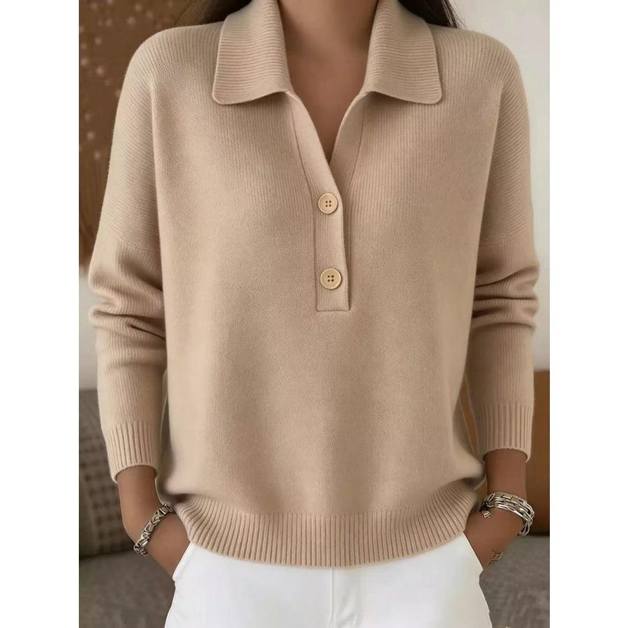 Full Size Button Detail Long Sleeve Sweater Plus Size Orange-red / S Apparel and Accessories