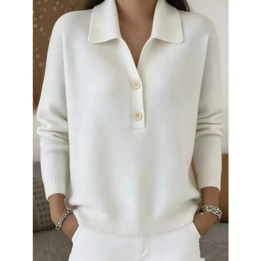 Full Size Button Detail Long Sleeve Sweater Plus Size White / S Apparel and Accessories