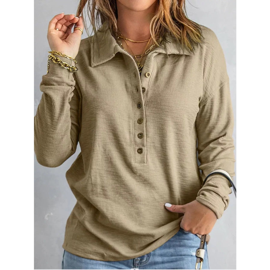 Full Size Button Detail Long Sleeve Top Plus Size Khaki / S Apparel and Accessories