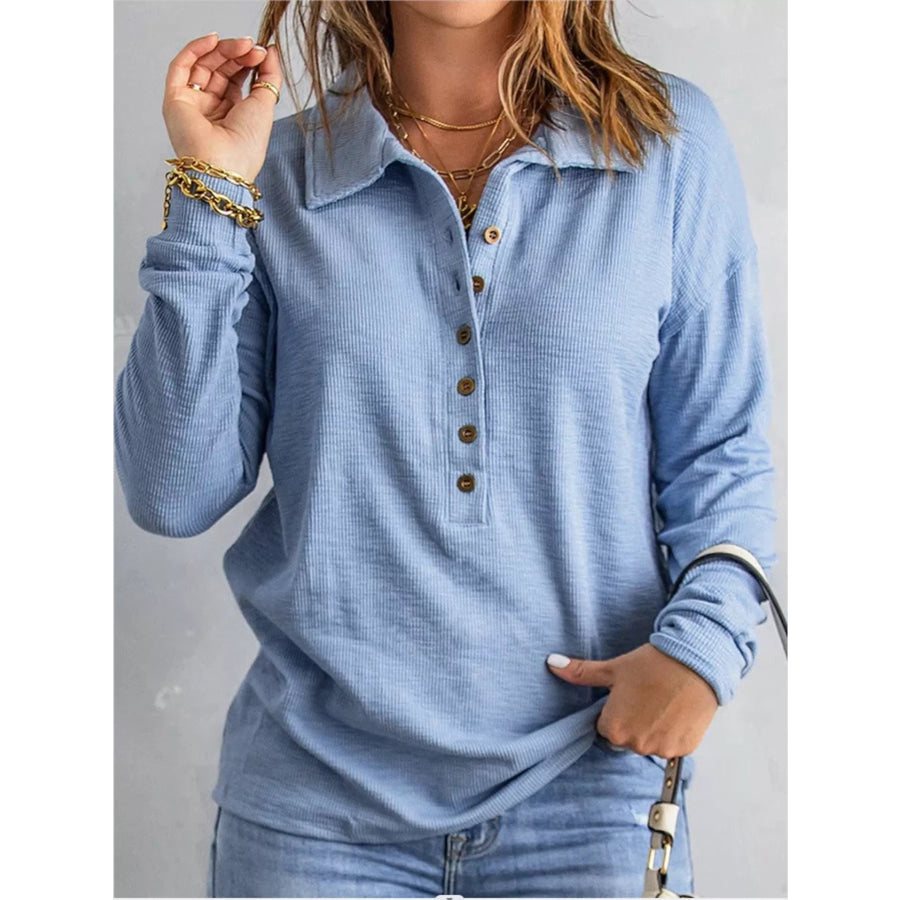 Full Size Button Detail Long Sleeve Top Plus Size Sky Blue / S Apparel and Accessories