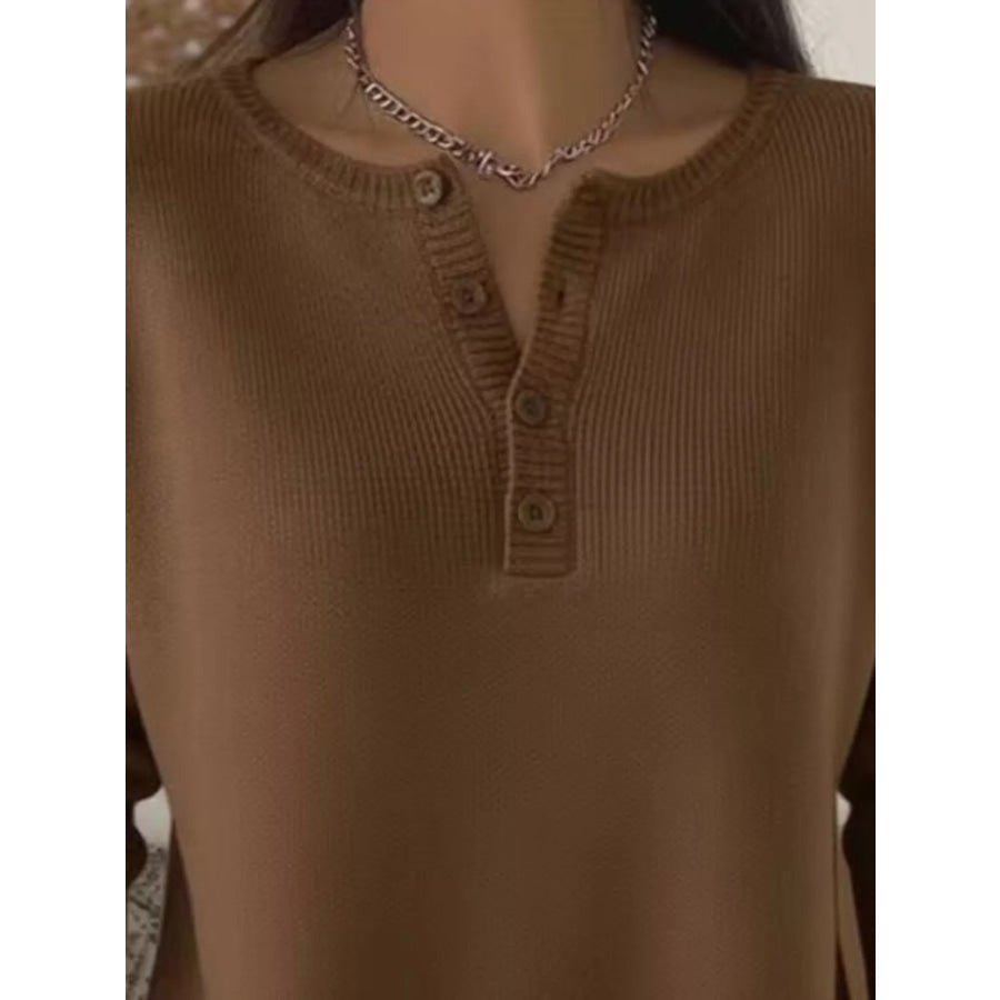 Full Size Button Detail Ribbed Knit Sweater Plus Apparel and Accessories