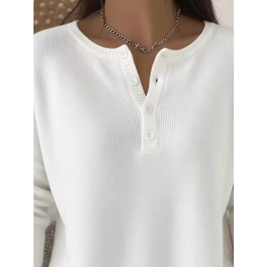 Full Size Button Detail Ribbed Knit Sweater Plus Apparel and Accessories
