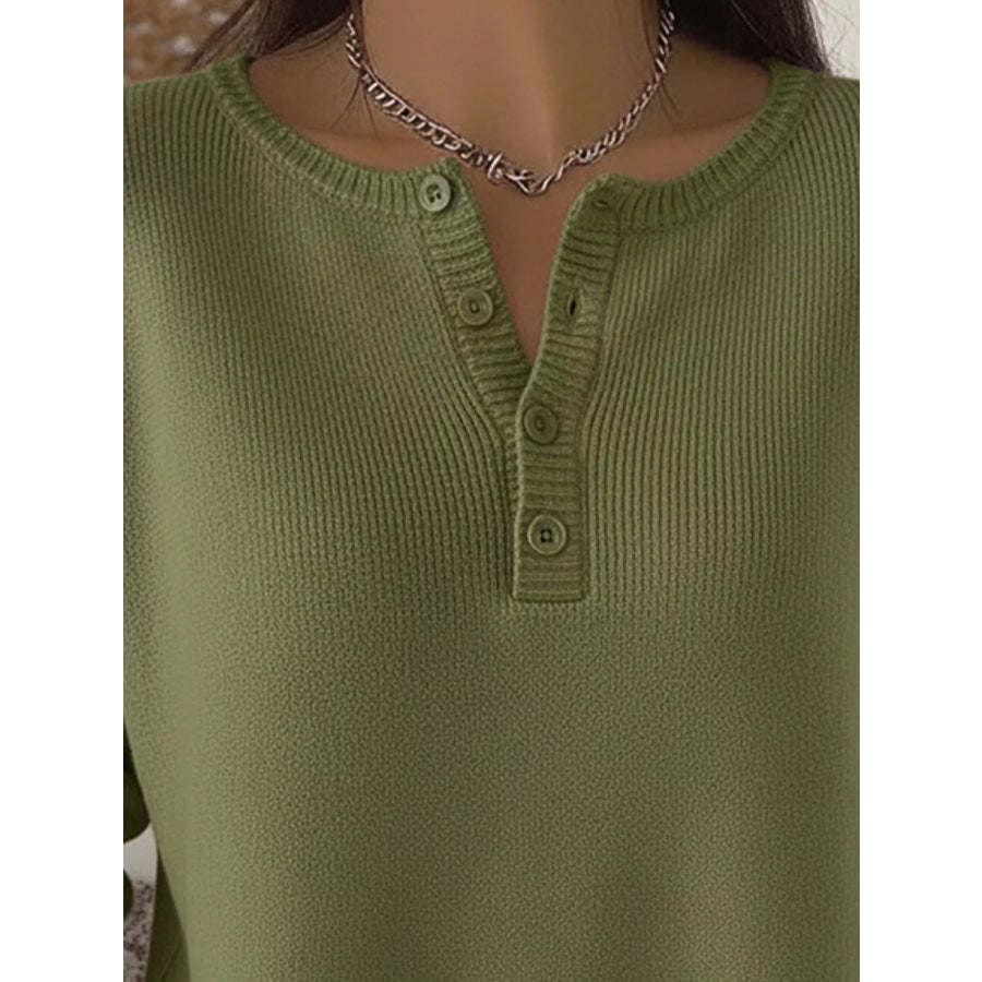 Full Size Button Detail Ribbed Knit Sweater Plus Apparel and Accessories
