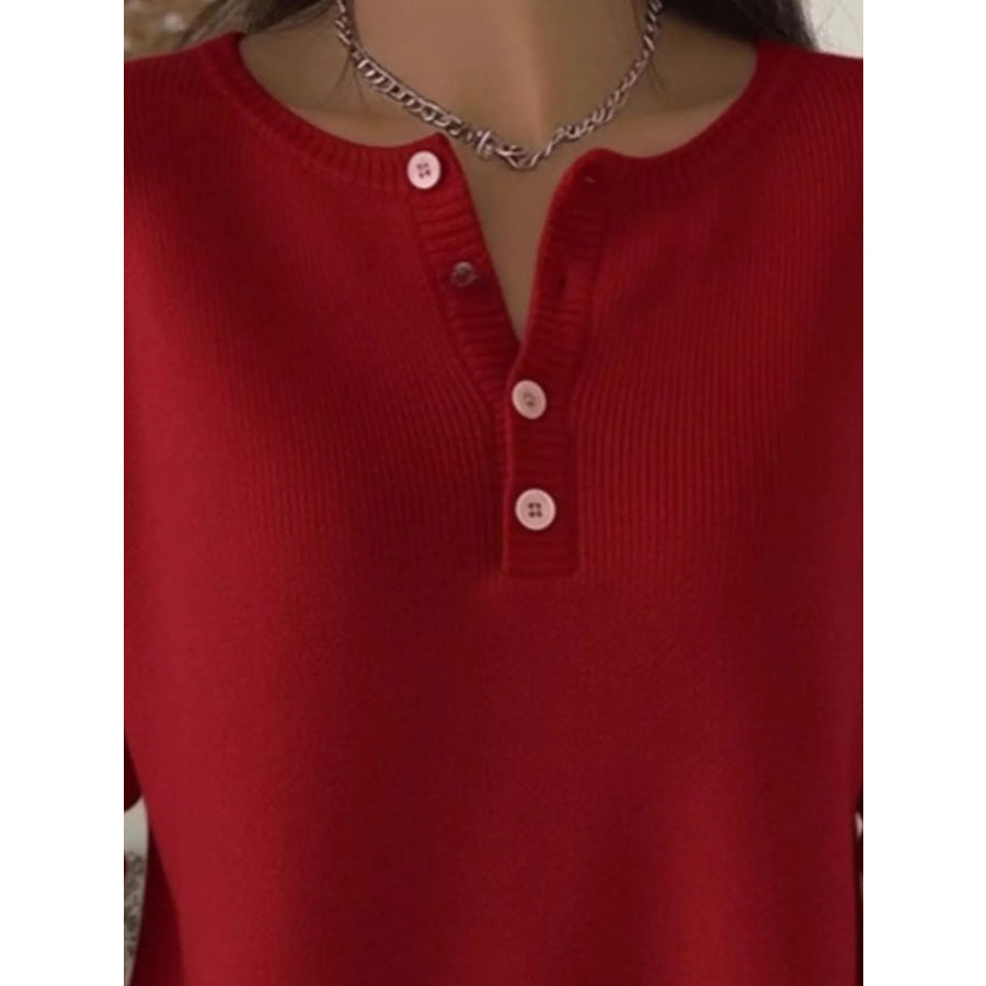 Full Size Button Detail Ribbed Knit Sweater Plus Apparel and Accessories