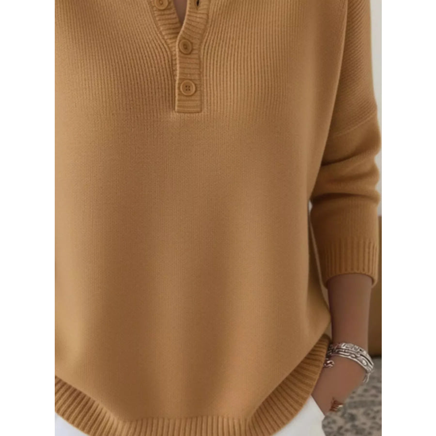 Full Size Button Detail Ribbed Knit Sweater Plus Apparel and Accessories