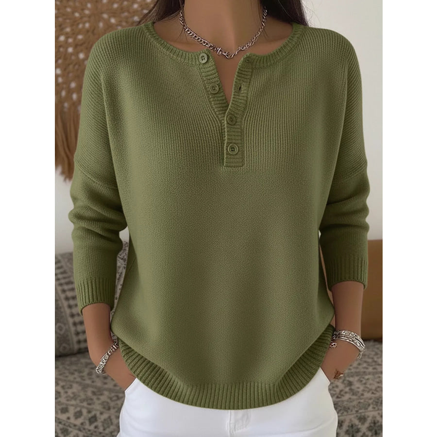 Full Size Button Detail Ribbed Knit Sweater Plus Army Green / S Apparel and Accessories