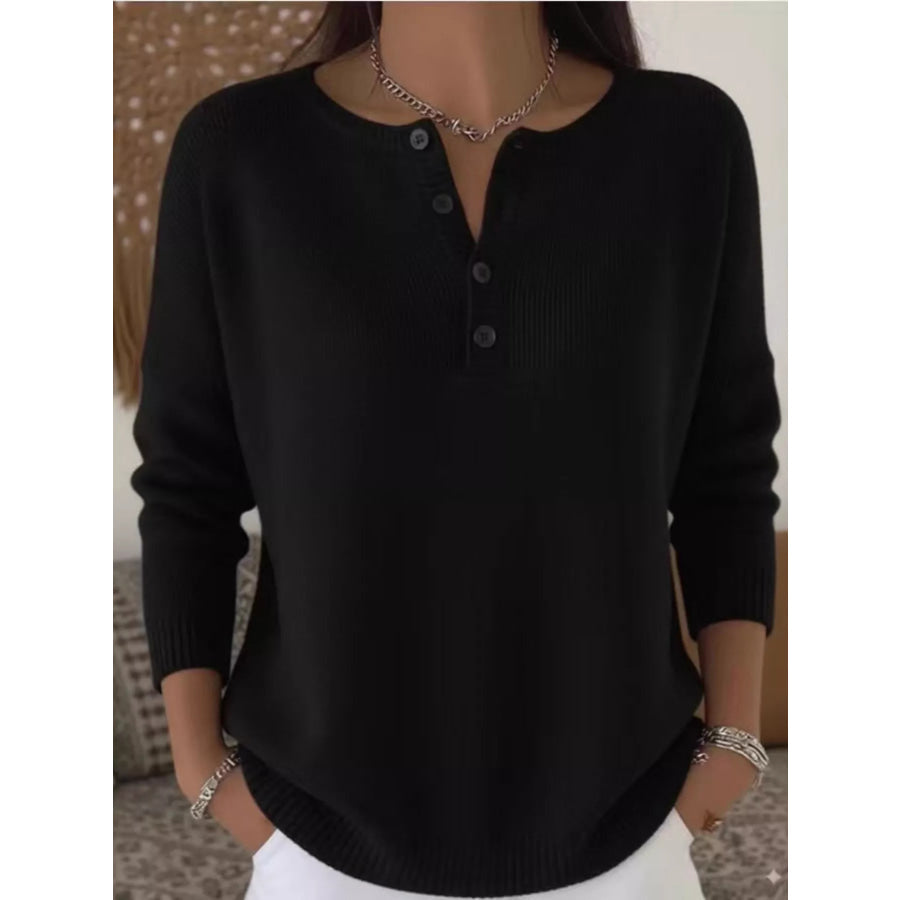 Full Size Button Detail Ribbed Knit Sweater Plus Black / S Apparel and Accessories