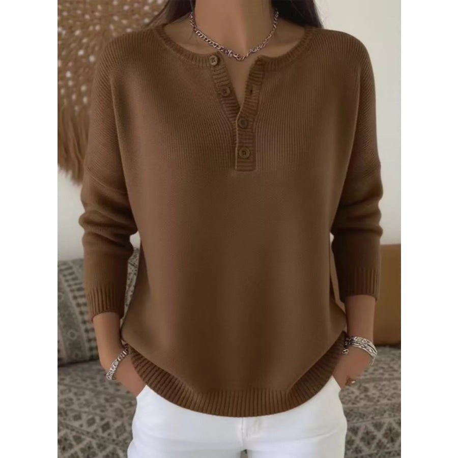 Full Size Button Detail Ribbed Knit Sweater Plus Dark Brown / S Apparel and Accessories