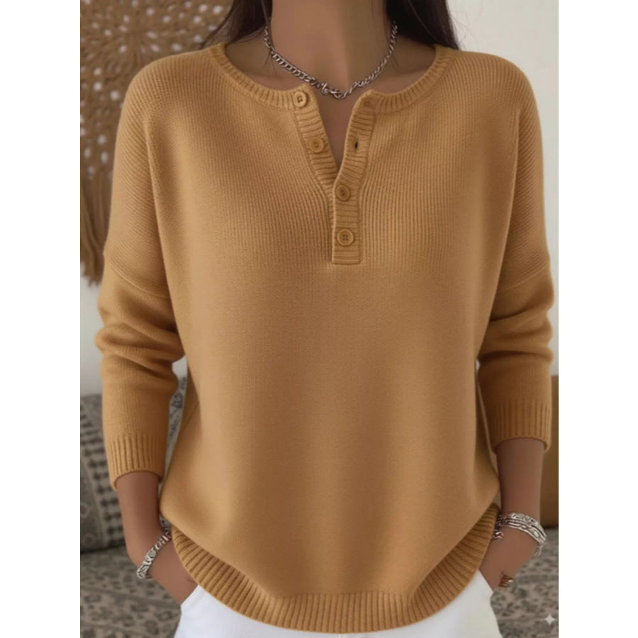 Full Size Button Detail Ribbed Knit Sweater Plus Khaki / S Apparel and Accessories