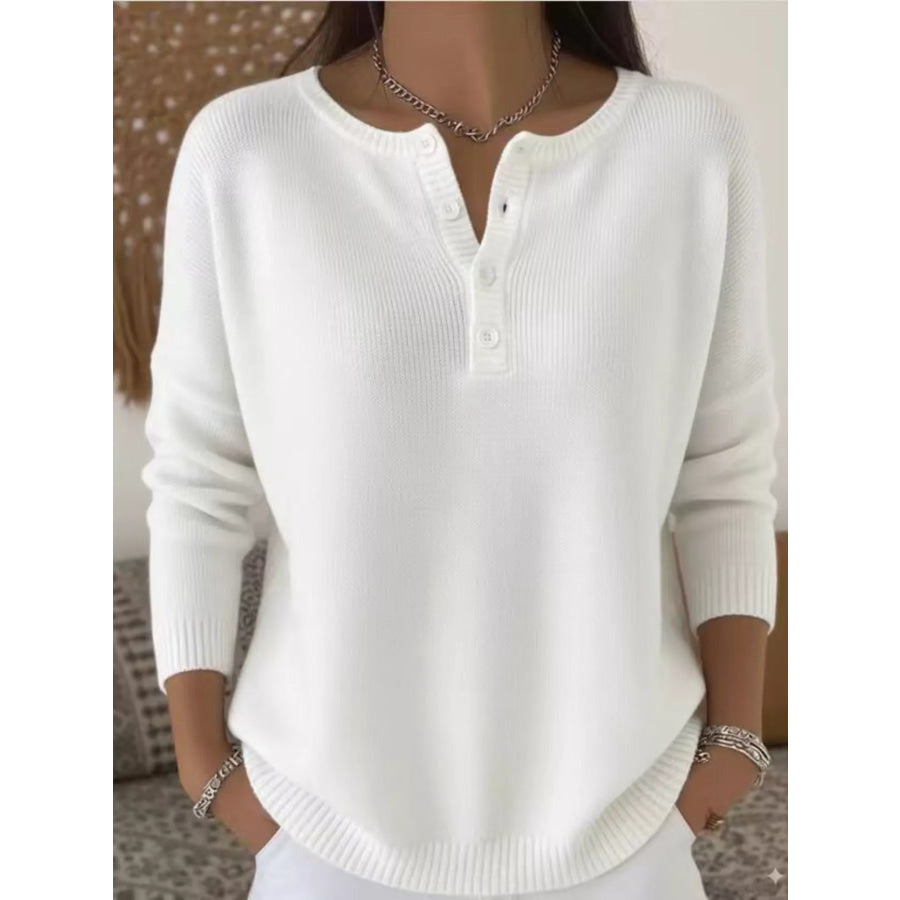 Full Size Button Detail Ribbed Knit Sweater Plus White / S Apparel and Accessories