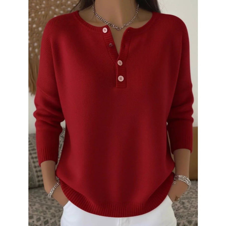 Full Size Button Detail Ribbed Knit Sweater Plus Wine Red / S Apparel and Accessories