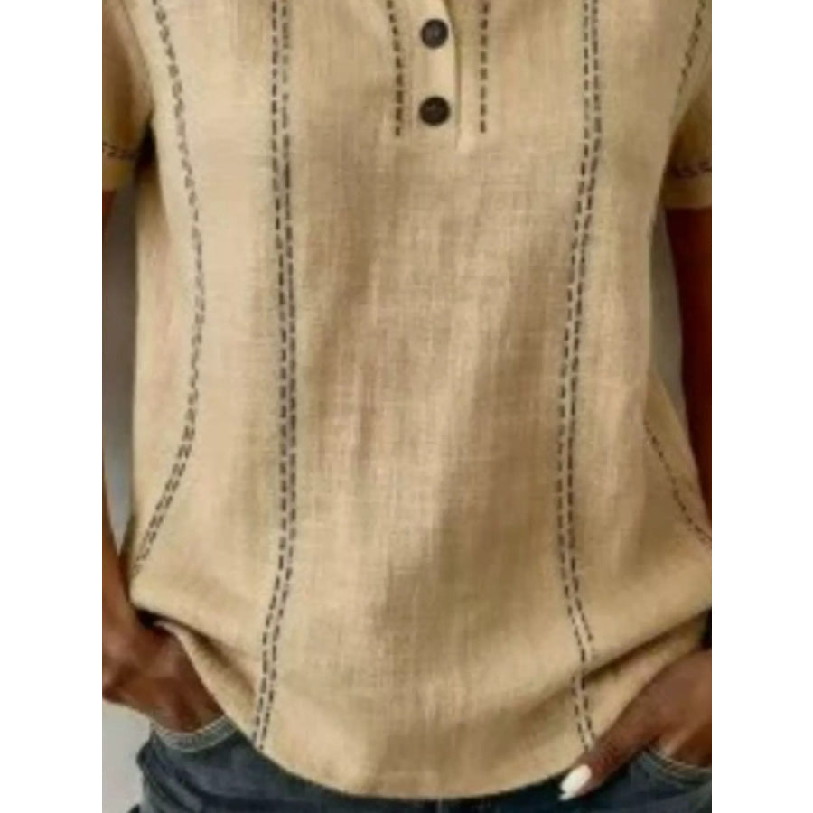 Full Size Button Detail Short Sleeve Blouse Plus Size Apparel and Accessories