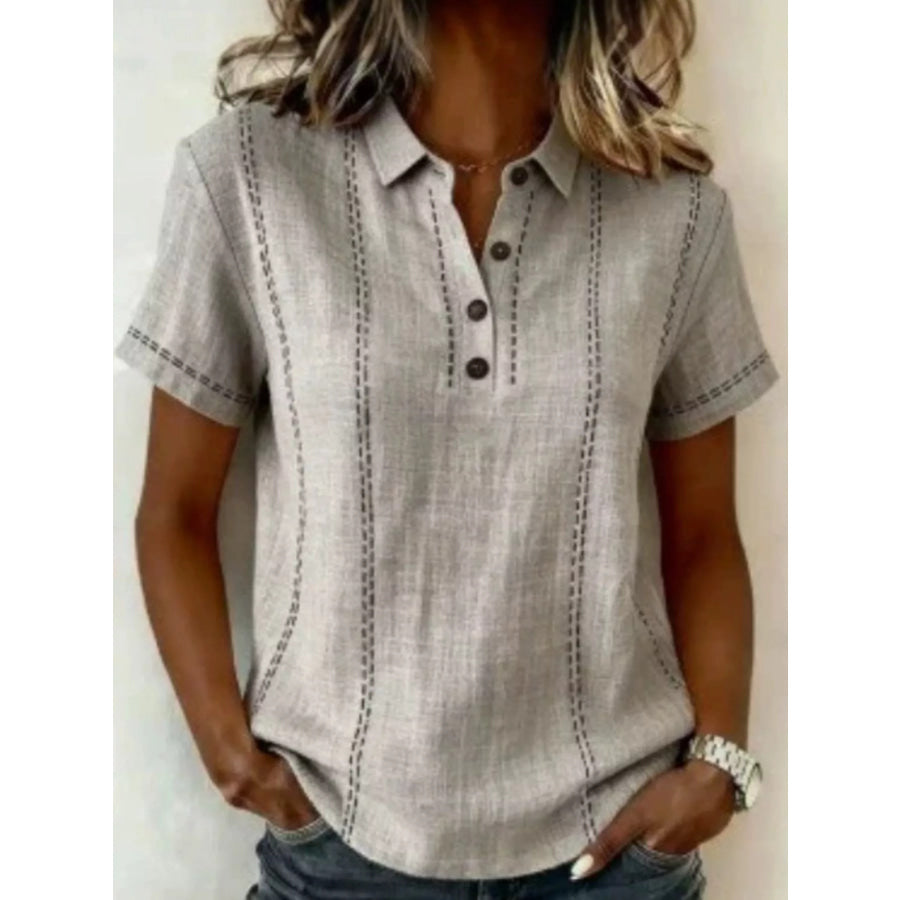 Full Size Button Detail Short Sleeve Blouse Plus Size Apparel and Accessories