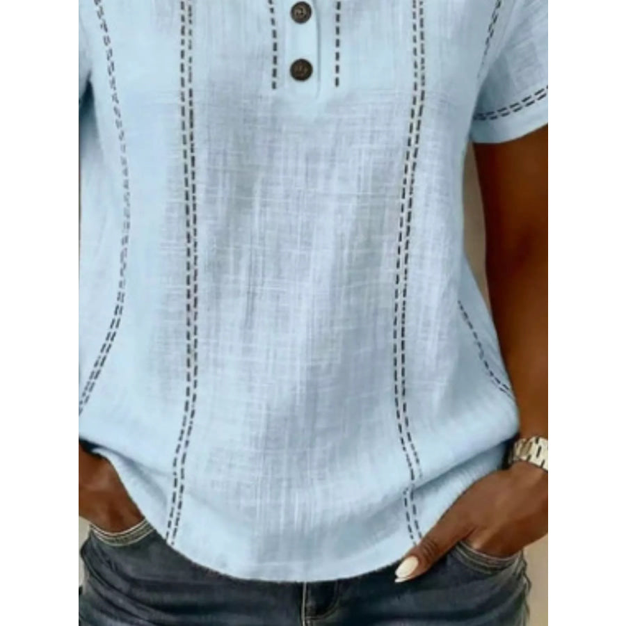 Full Size Button Detail Short Sleeve Blouse Plus Size Apparel and Accessories