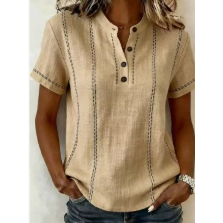 Full Size Button Detail Short Sleeve Blouse Plus Size Caramel / S Apparel and Accessories