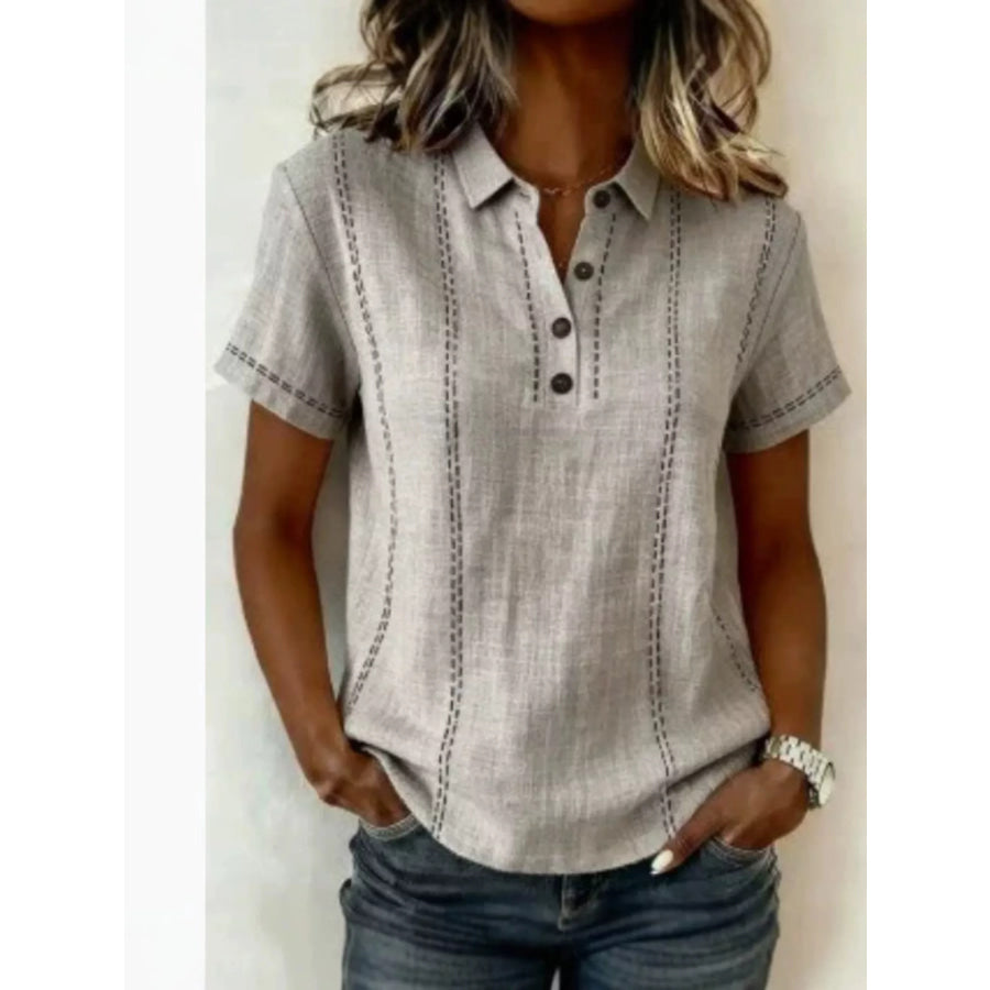Full Size Button Detail Short Sleeve Blouse Plus Size Gray / S Apparel and Accessories