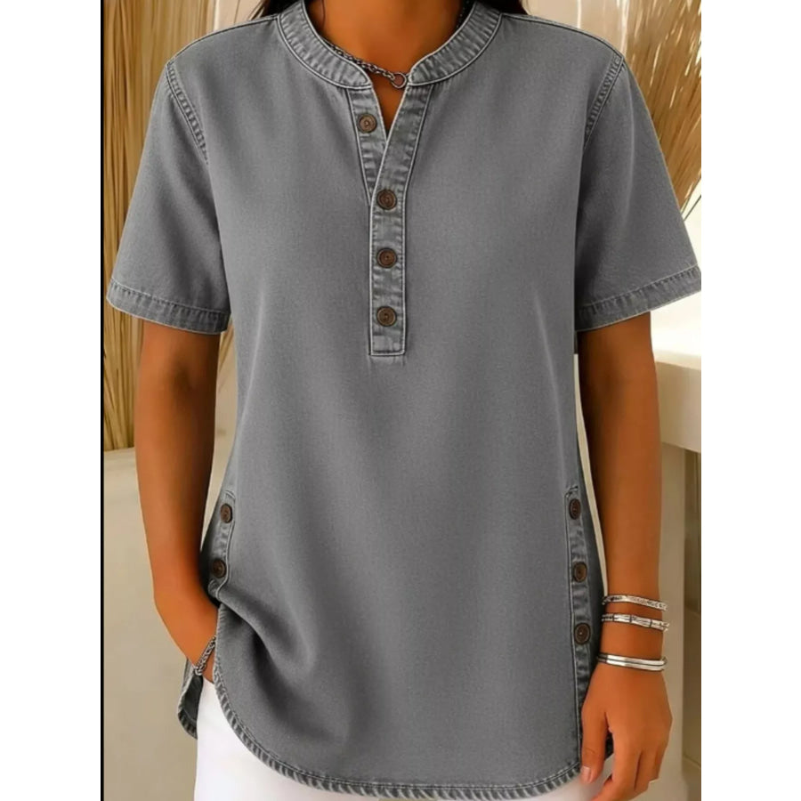 Full Size Button Detail Short Sleeve Blouse Plus Size Grey / S Apparel and Accessories