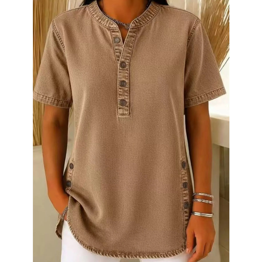 Full Size Button Detail Short Sleeve Blouse Plus Size Khaki / S Apparel and Accessories