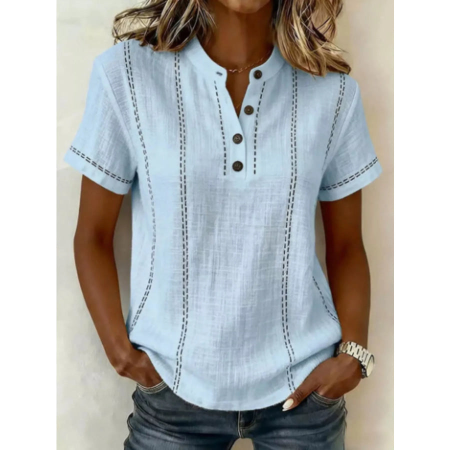 Full Size Button Detail Short Sleeve Blouse Plus Size Light Blue / S Apparel and Accessories