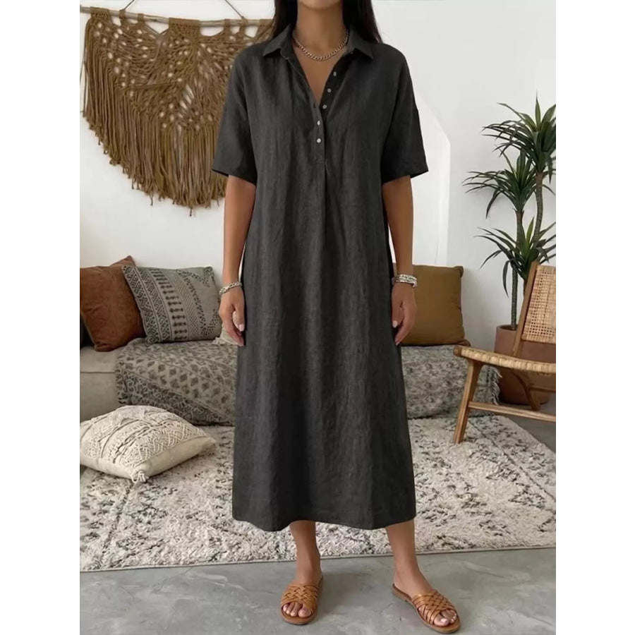 Full Size Button Detail Short Sleeve Midi Shirt Dress Plus Black / S Apparel and Accessories