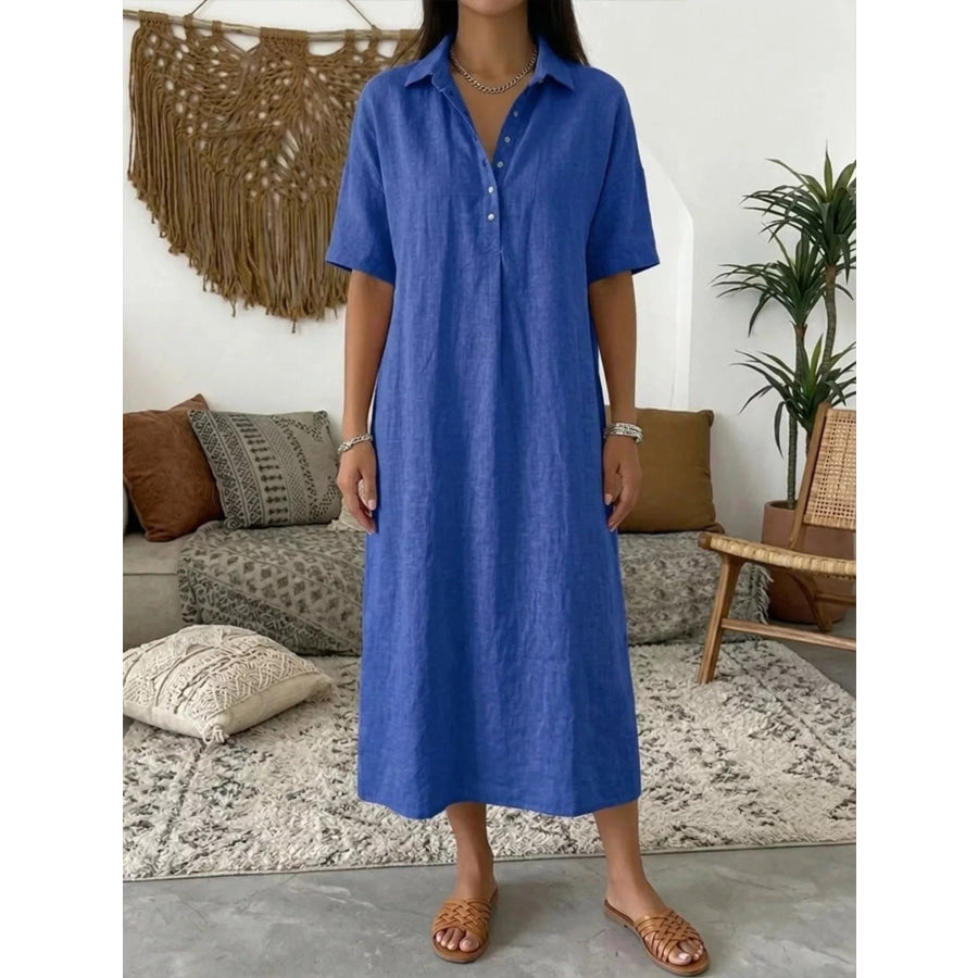 Full Size Button Detail Short Sleeve Midi Shirt Dress Plus Black / S Apparel and Accessories
