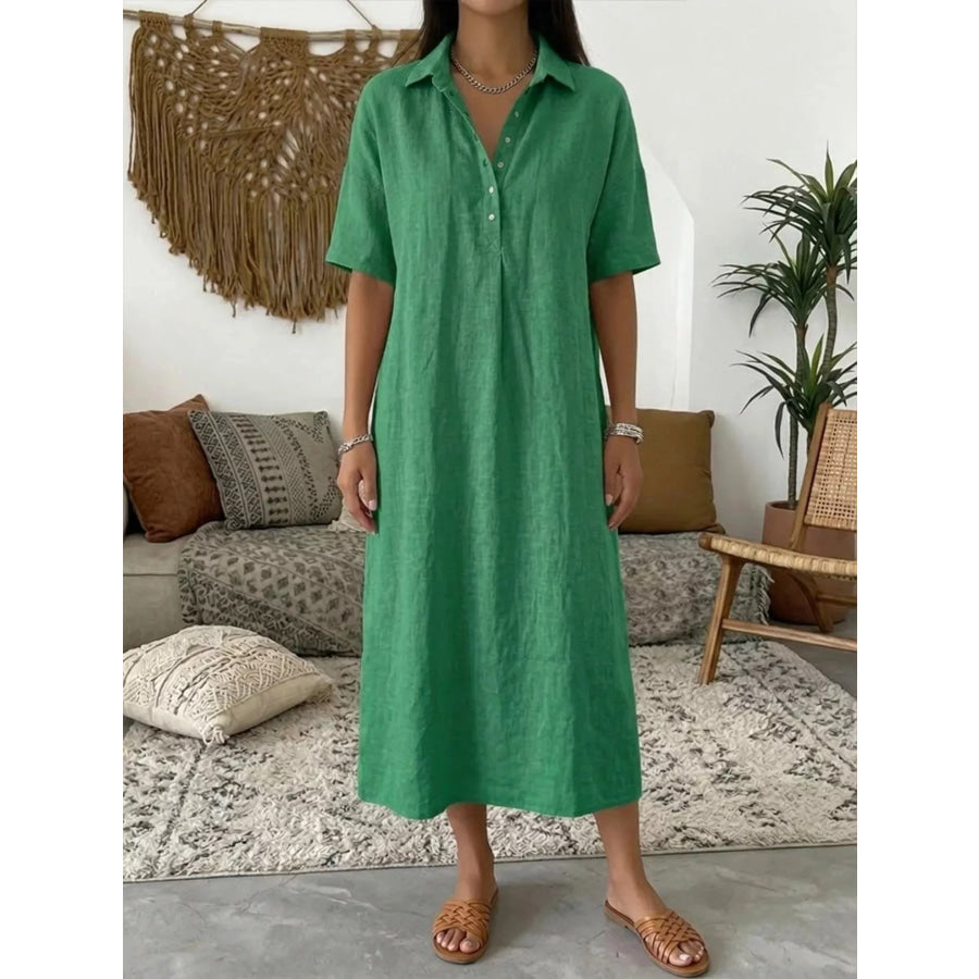 Full Size Button Detail Short Sleeve Midi Shirt Dress Plus Green / S Apparel and Accessories