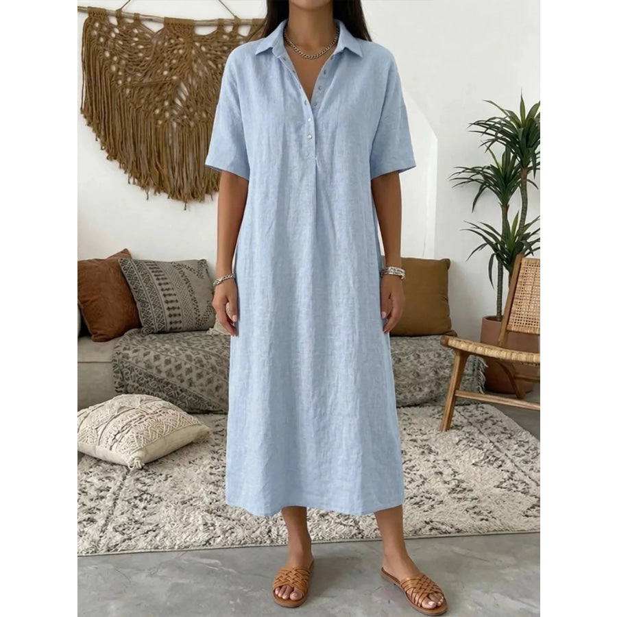 Full Size Button Detail Short Sleeve Midi Shirt Dress Plus Light Blue / S Apparel and Accessories