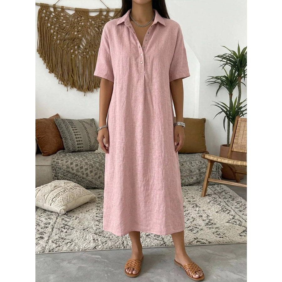 Full Size Button Detail Short Sleeve Midi Shirt Dress Plus Pink / S Apparel and Accessories